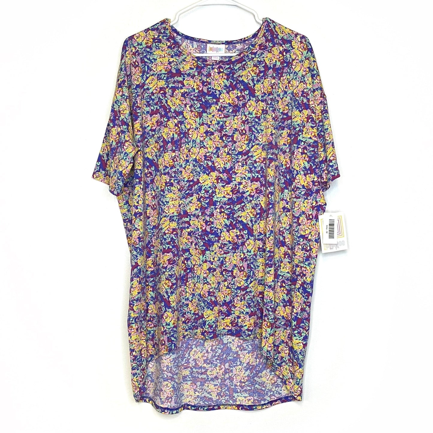 LuLaRoe Womens M Irma Purple/Blue/Yellow Floral Pattern S/s Tunic Top NWT