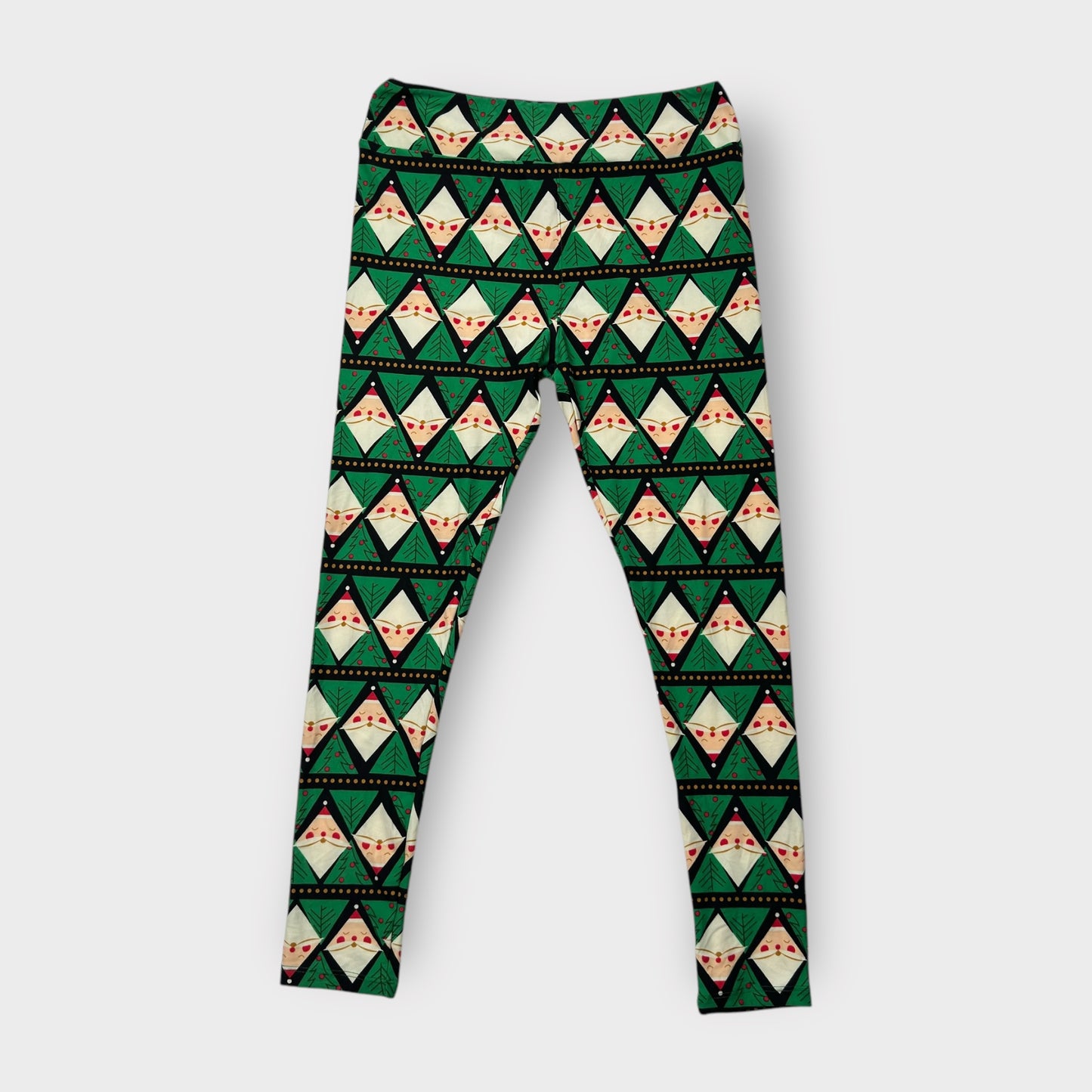 LuLaRoe Leggings TC (12-18) - Green & Beige Santa Face Geometric Print - Ultra Soft Stretch Fabric