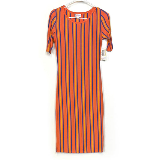 LuLaRoe Womens XS Orange/Blue/Yellow Striped Julia Shift Dress Scoop Neck ½ Sleeves NWT