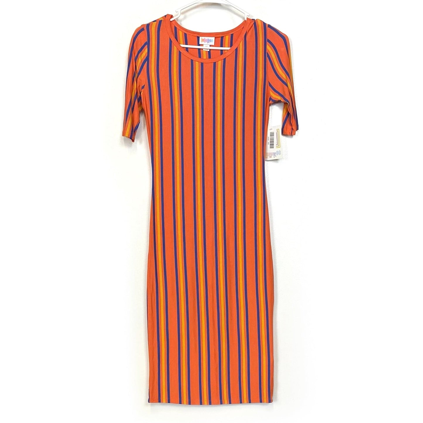 LuLaRoe Julia Bodycon Dress | XS (2-4) | Orange/Blue/Yellow | Striped | NWT