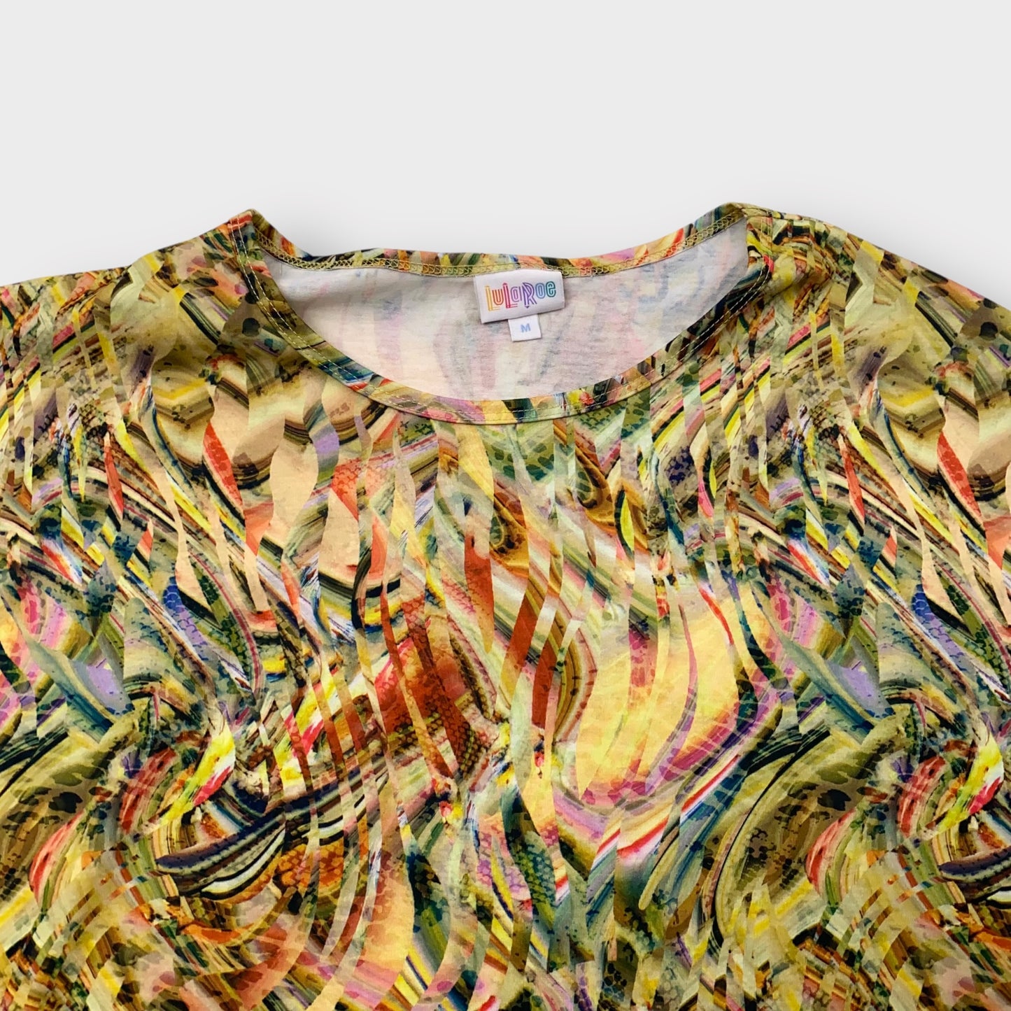 LuLaRoe Irma Tunic Top - Yellow Abstract Pattern - Women's M (8-10) - High-Low Hem - Short Sleeve