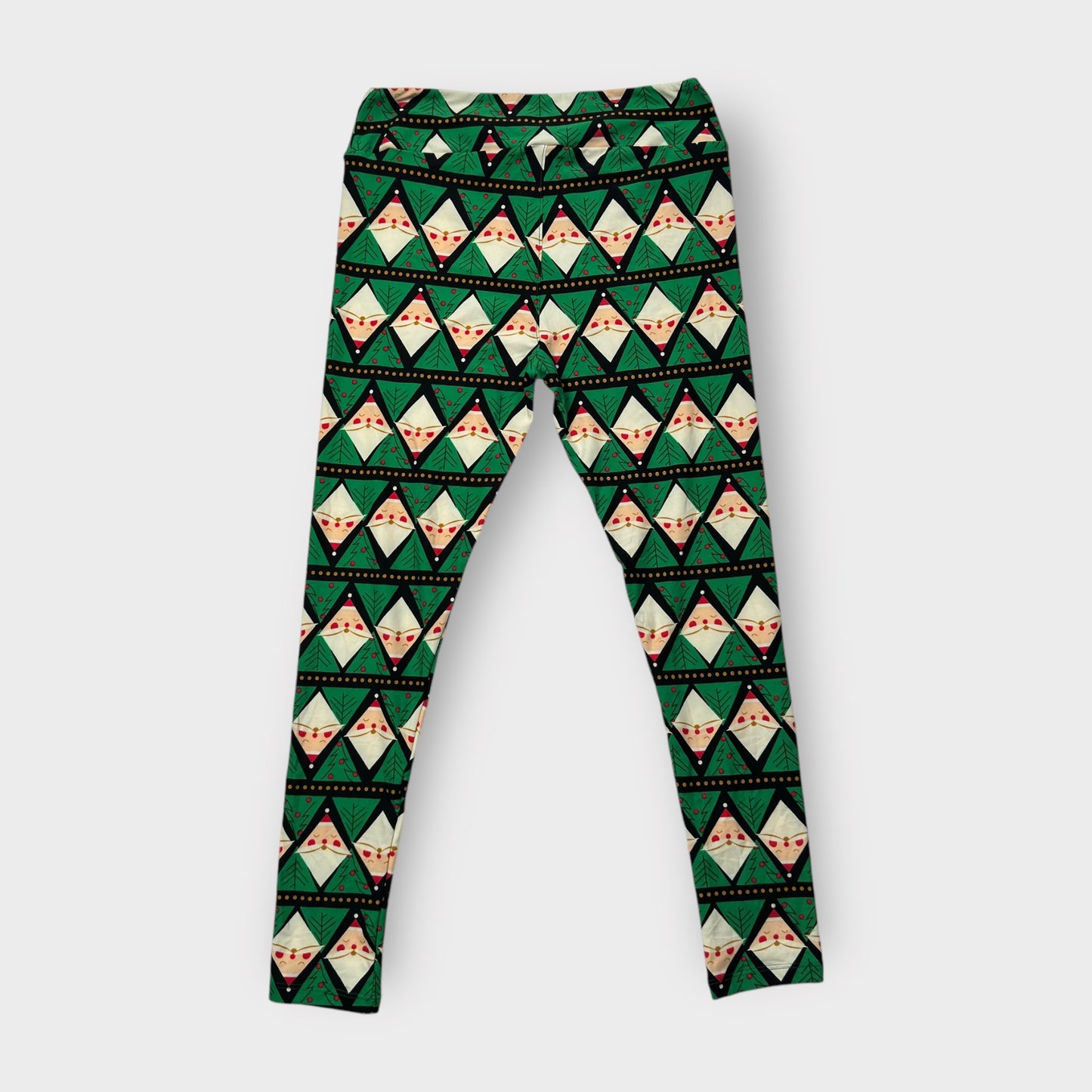 LuLaRoe Leggings TC (12-18) - Green & Beige Santa Face Geometric Print - Ultra Soft Stretch Fabric