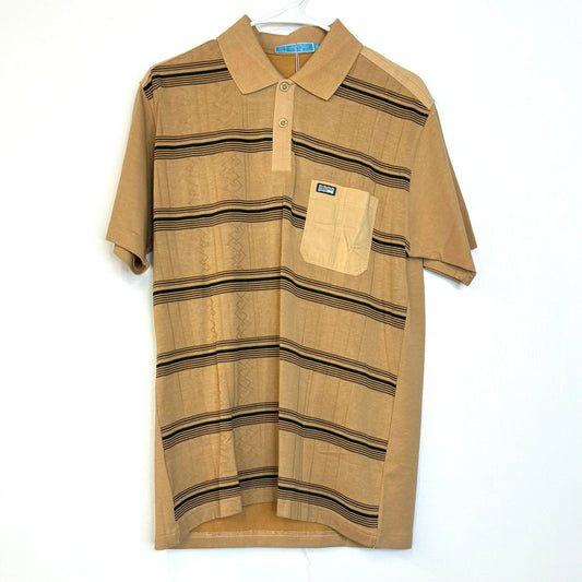 Mens Fashion Golf Shirt M Beige/Brown/Black Striped S/s Polo Shirt NWT