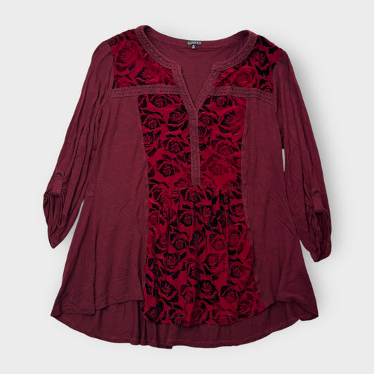 Women's Red Velvet Floral Embroidered Tunic Top - Size XL - Pre-Owned