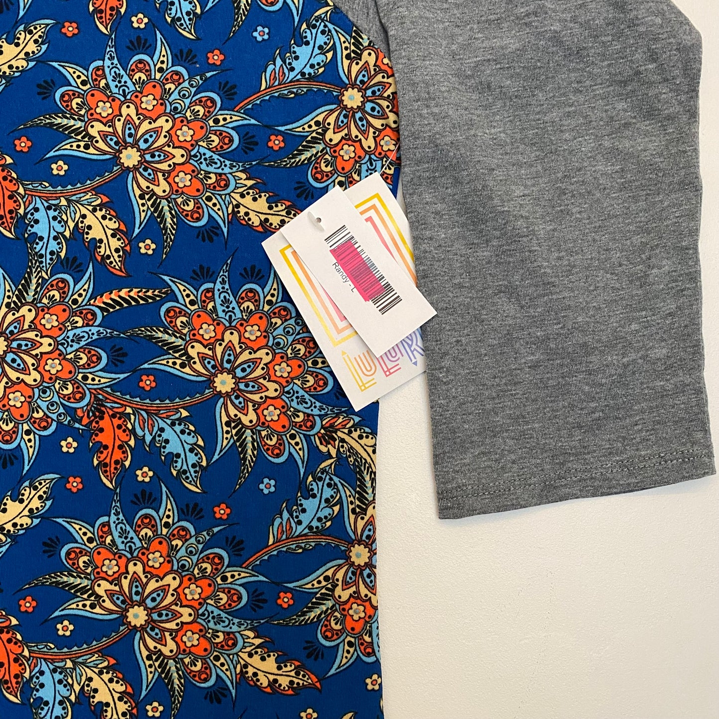 LuLaRoe Randy Raglan Tee | L | Gray/Blue Botanical | Colorblock | NWT