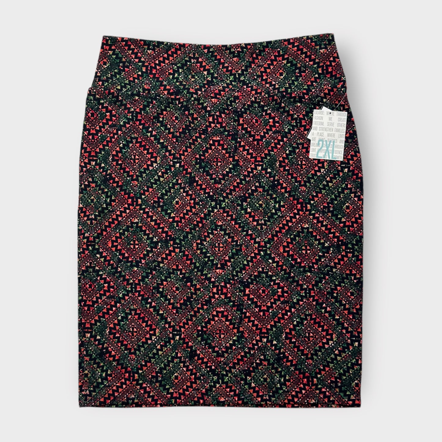 LuLaRoe Cassie Pencil Skirt - Black/Red/Green Geometric Mosaic - Women's 2XL (20-22) - NWT