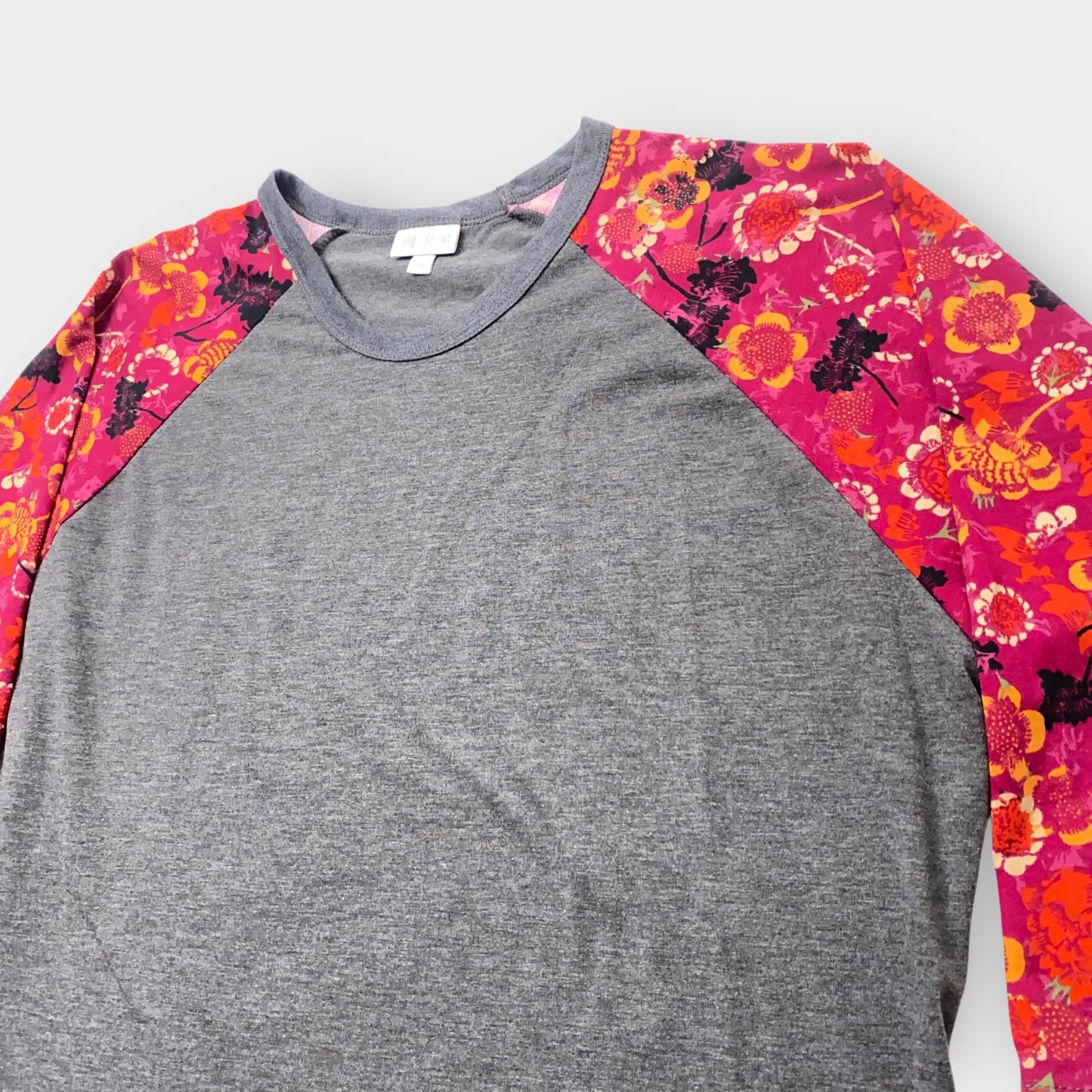 LuLaRoe Randy Raglan T-Shirt 2XL (20-22) - Charcoal Gray with Red/Yellow Floral Sleeves - Soft Stretch Fabric