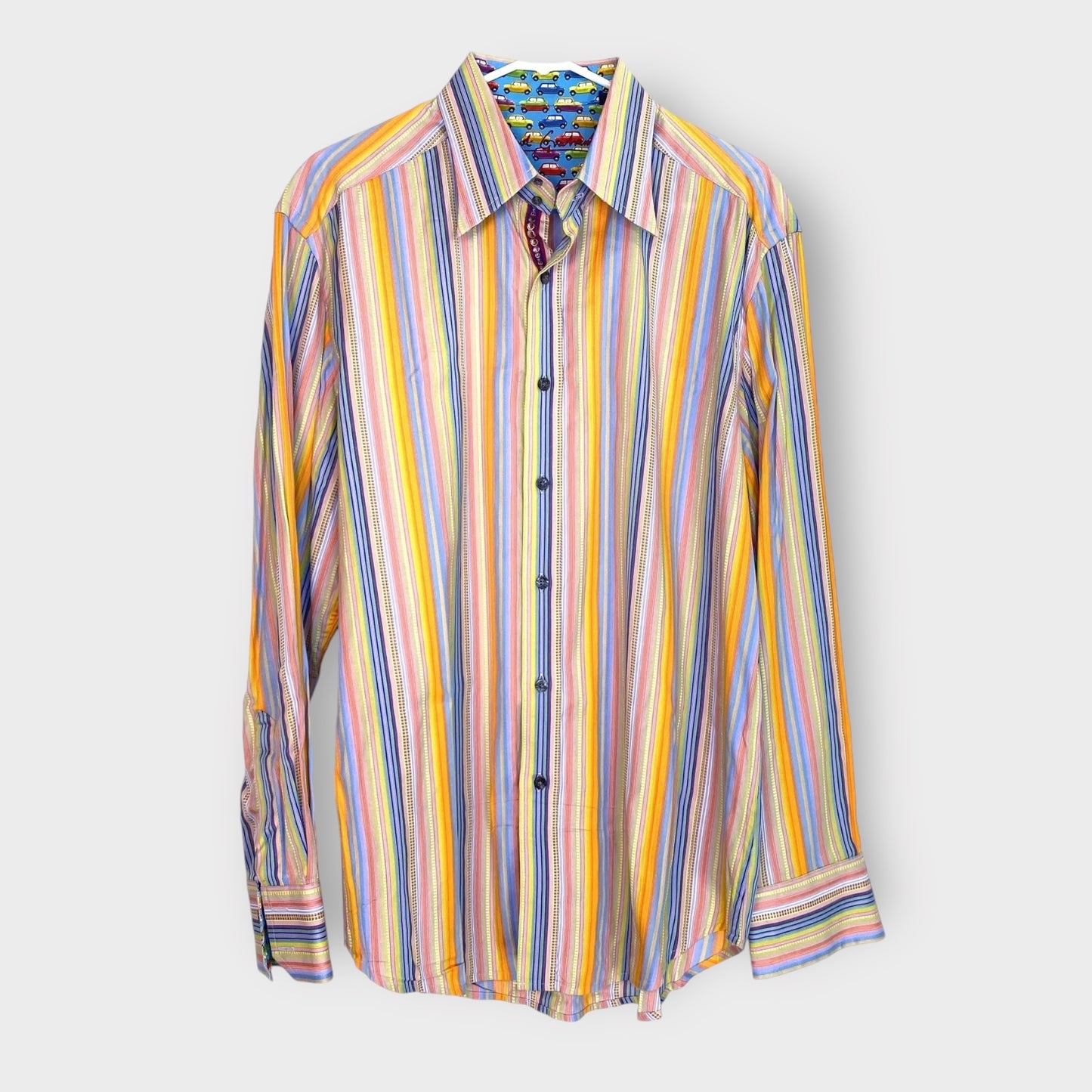 Robert Graham Mens Dress Shirt | Size L | Multi-Color Stripes w/Cars Stripe French Cuff | Excellent Condition