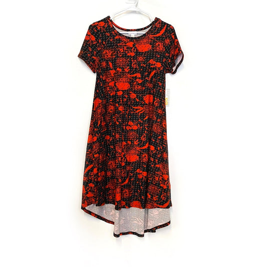 LuLaRoe Womens XXS Black/Orange/Gray Floral/Geometric 'Carly' S/s Swing Dress NWT