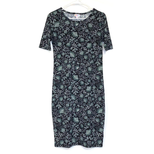 LuLaRoe Womens S Green/Black/White Floral Julia Shift Dress Scoop Neck ½ Sleeves NWT