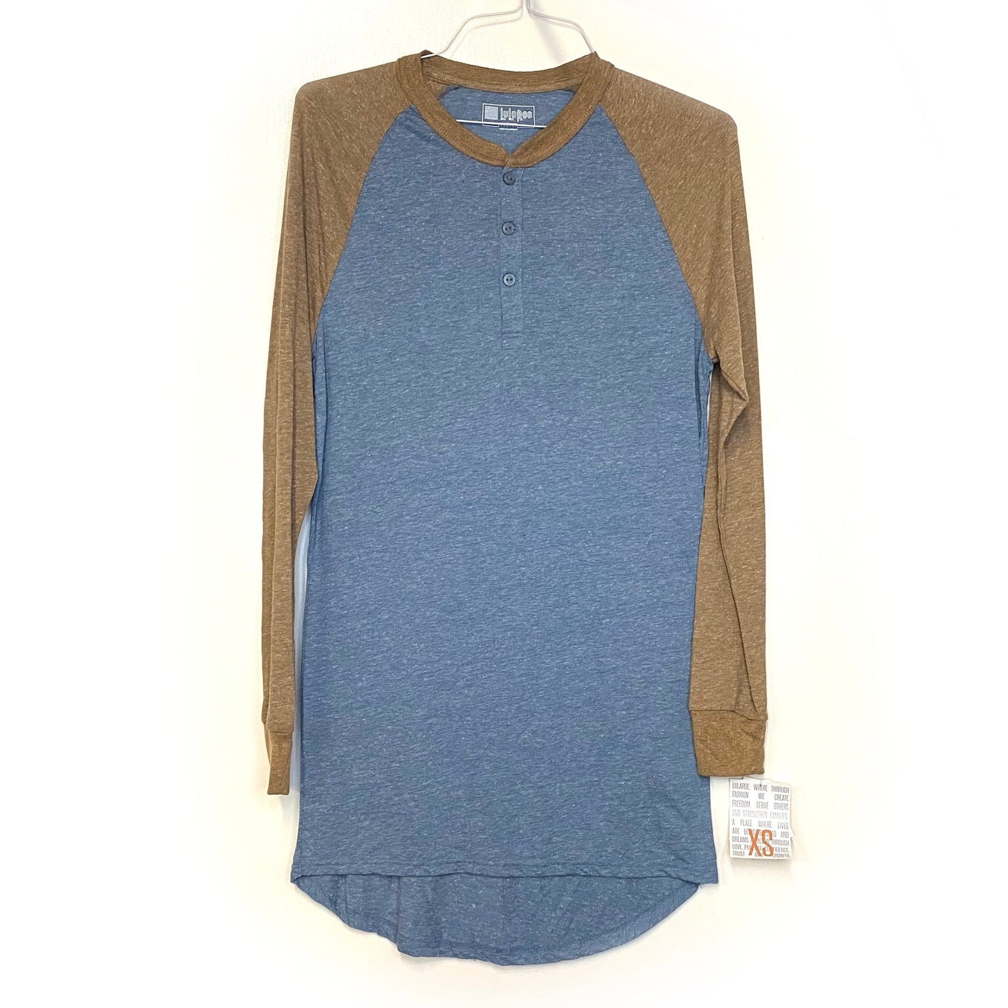 LuLaRoe Unisex Size XS Heather Brown/Blue Mark Colorblock Henley Shirt L/s NWT