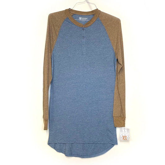 LuLaRoe Unisex Size XS Heather Brown/Blue Mark Colorblock Henley Shirt L/s NWT