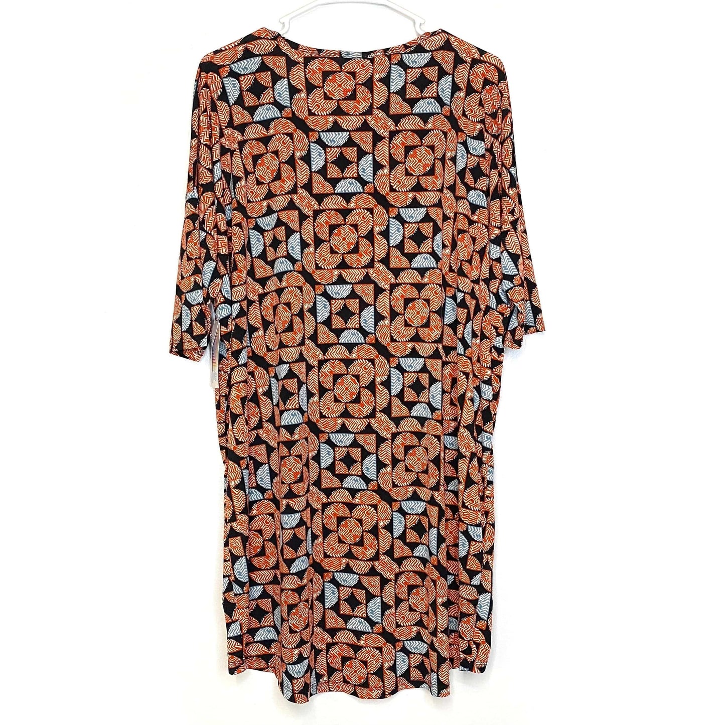 LuLaRoe Womens L Irma Orange/Black Abstract Circle Pattern S/s Tunic Top NWT