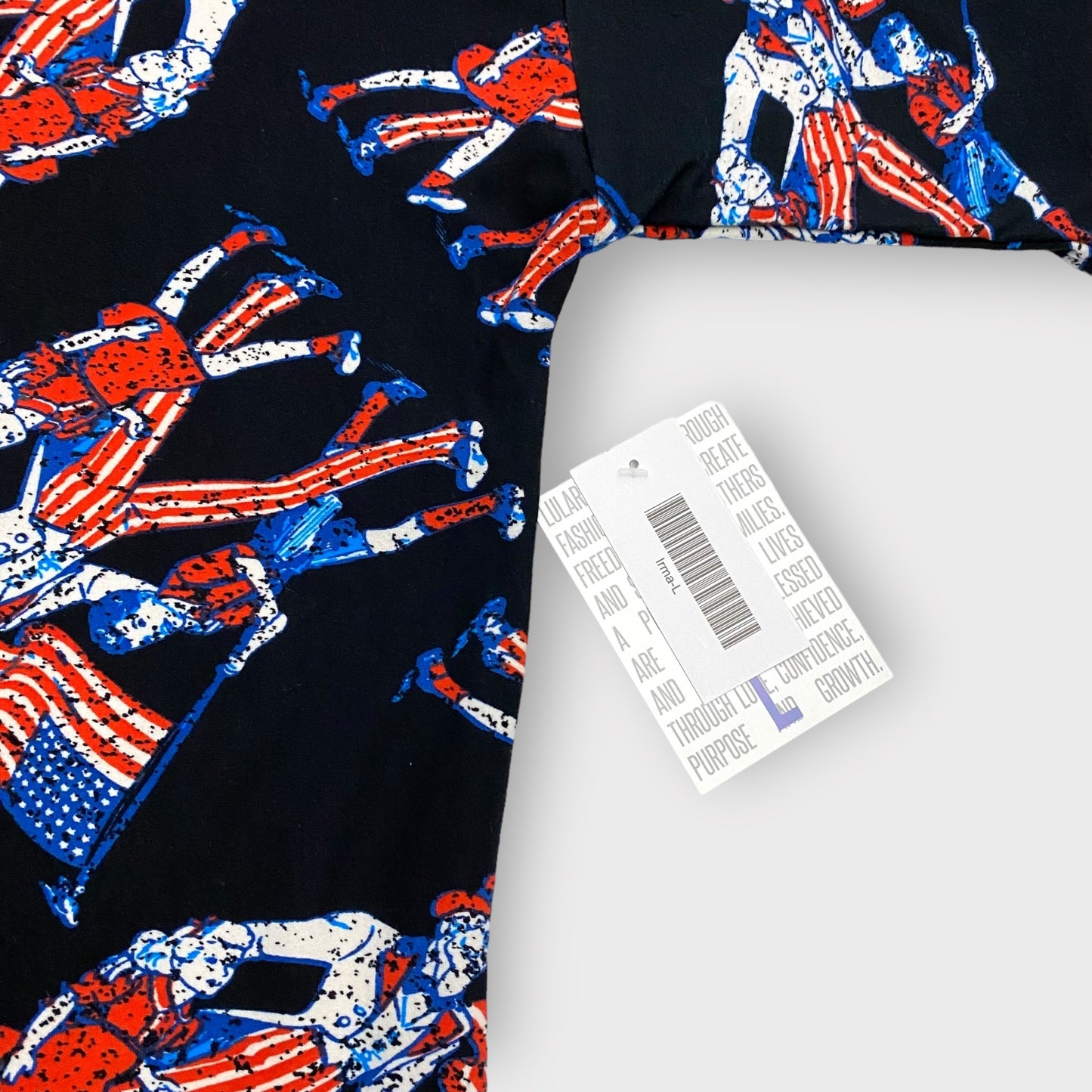 LuLaRoe Irma Tunic | L (14-16) | Black/Multicolor Uncle Sam | High-Low S/s | NWT