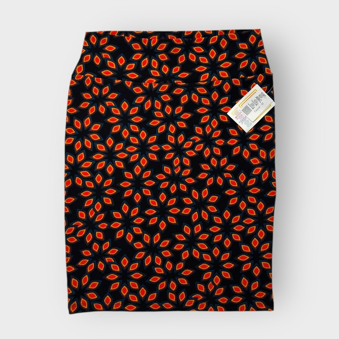 LuLaRoe Cassie Pencil Skirt - Black & Orange Geometric Floral - Women's M (8-12) - NWT