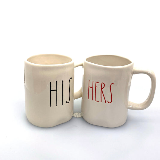 Pair of Rae Dunn ‘HIS/HERS’ Large Letters White Coffee Cup Mug By Magenta EUC