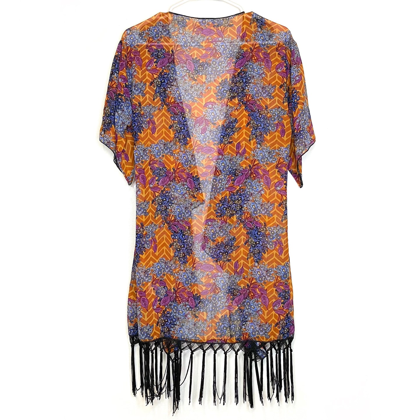 LuLaRoe Womens Size S (0-12) Orange/Purple/Black Chevron/Floral ‘Monroe’ Kimono Fringe Cover-Up NWT