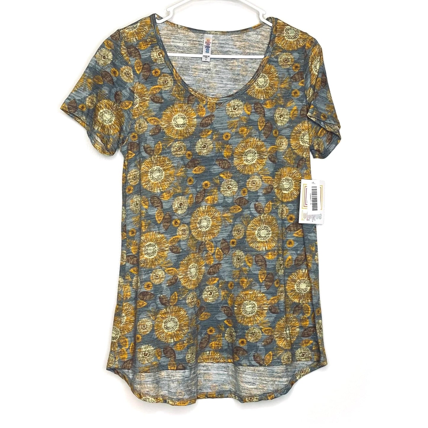 LuLaRoe Womens S Slate Blue/Yellow Botanical Classic T Activewear Top S/s NWT