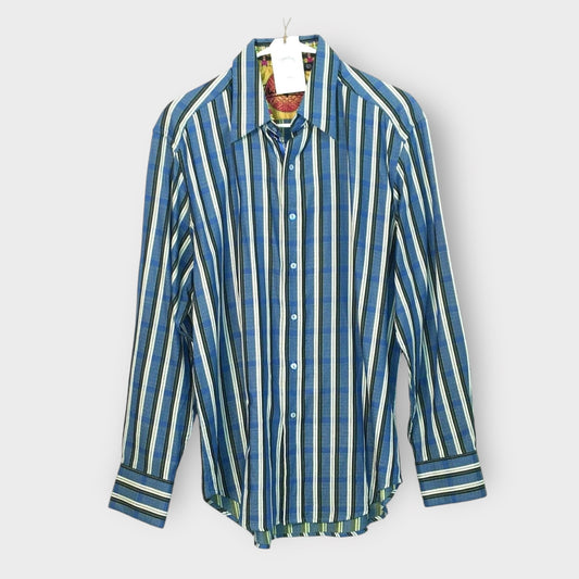 Robert Graham Men's Blue Multi-Stripe Button-Up Shirt with French Cuffs - Silk Trim - Size M