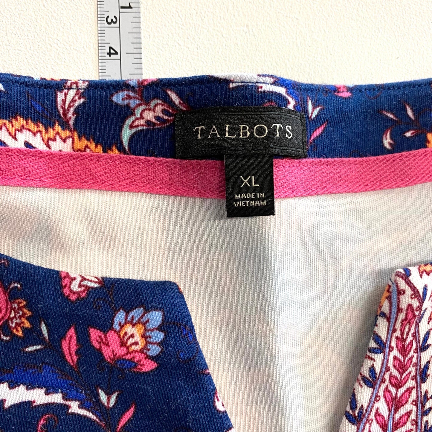 Talbots Womens Size XL Blue/Pink/White Floral-Paisley ¾ Sleeve Shift Dress EUC