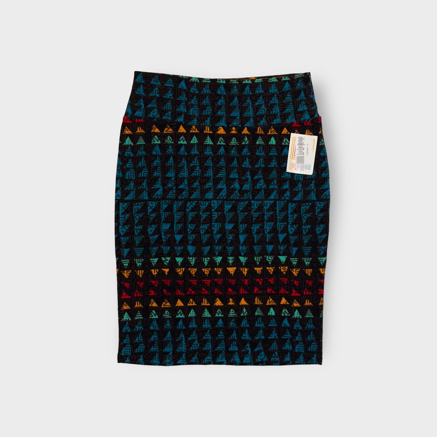 LuLaRoe Cassie Pencil Skirt | L (14-16) | Black/multicolor | Triangles | NWT