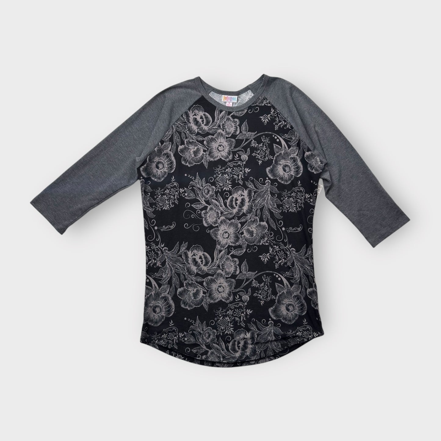 LuLaRoe Randy Tee S (4-6) - Black and Gray Floral Print with Heather Gray Raglan Sleeves - Soft Stretch Fabric