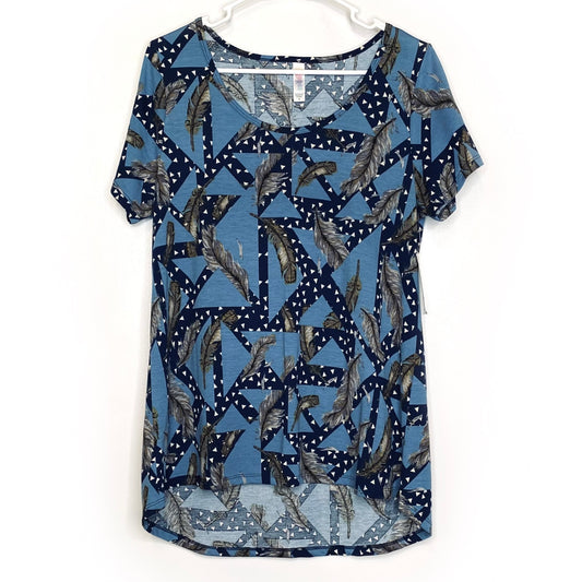 LuLaRoe Womens M Blue/Blue Feathers/Triangles Classic T S/s Top NWT
