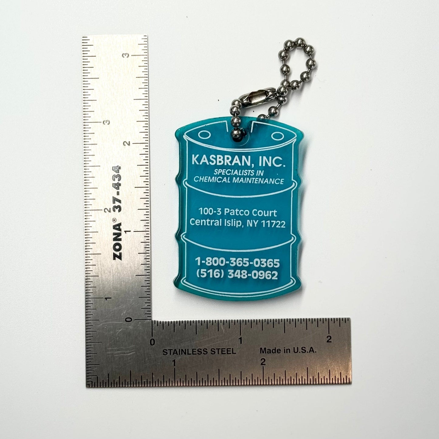 Central Islip, NY ‘Kasbran Chemical’ Keychain Key Ring Rubber Barrel Blue, Pre-Owned