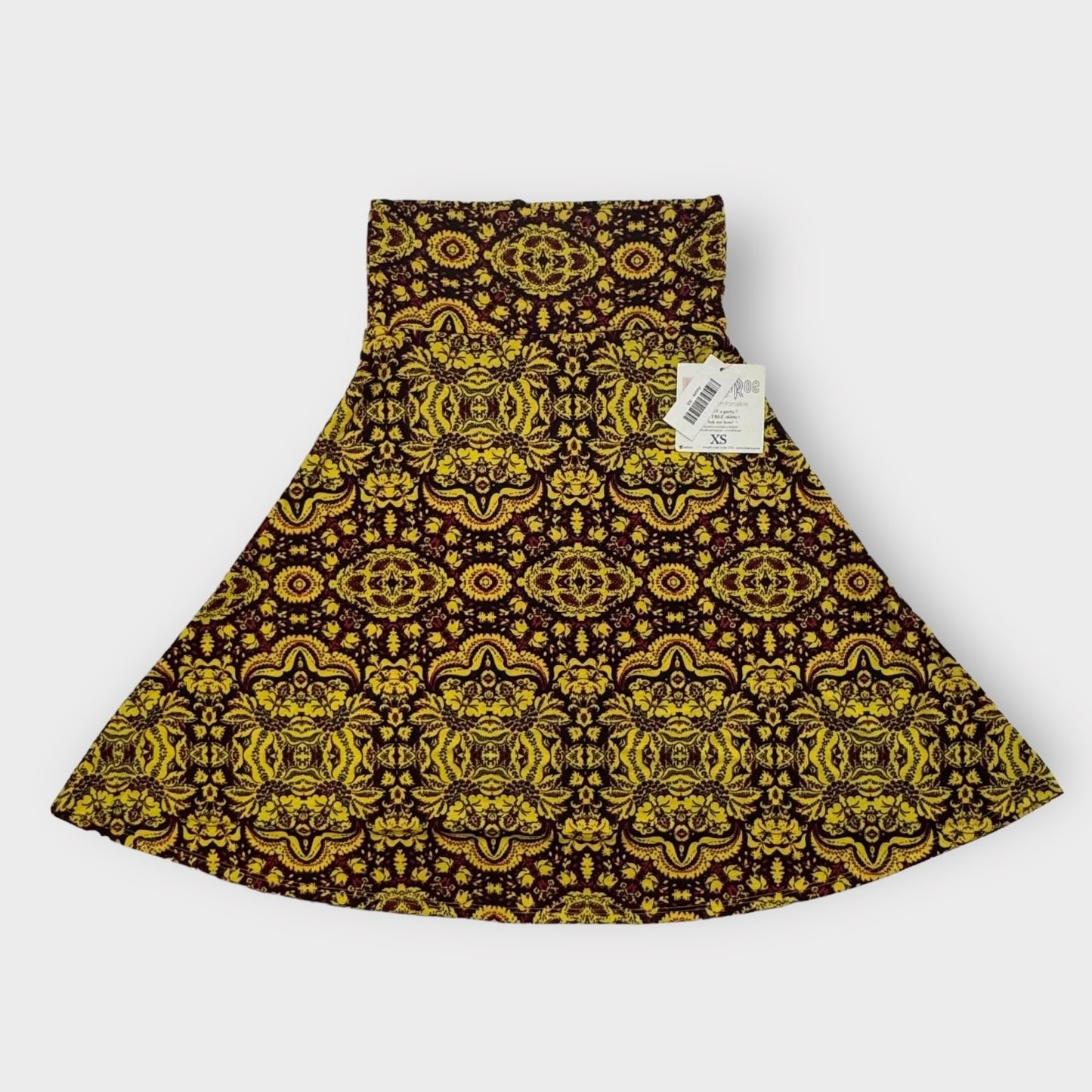 LuLaRoe Azure Skirt | XS (00-0) | Yellow/black/red Baroque | A-Line | NWT