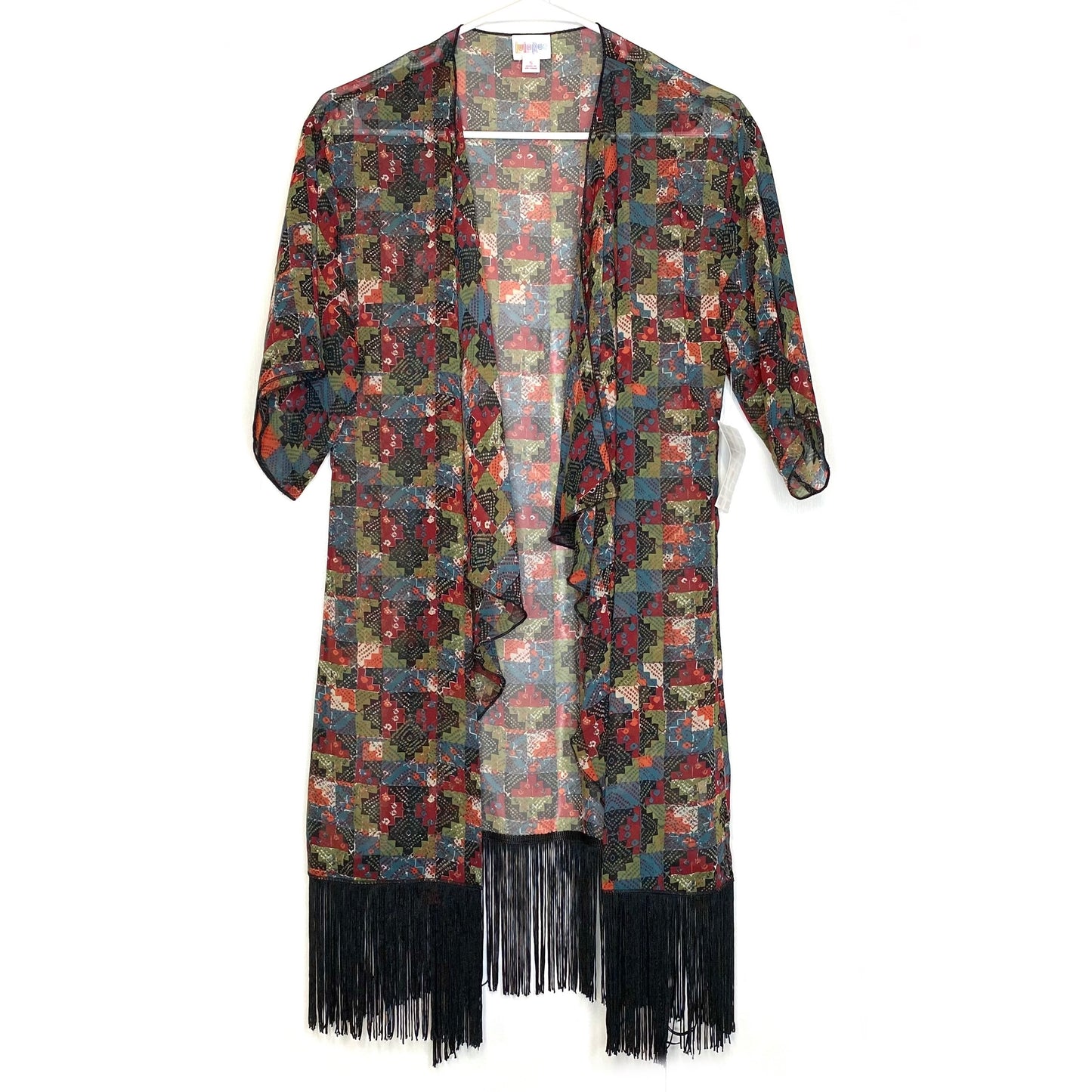 LuLaRoe Womens Size S (0-12) Multicolor Patchwork Quilt ‘Monroe’ Kimono Fringe Cover-Up NWT