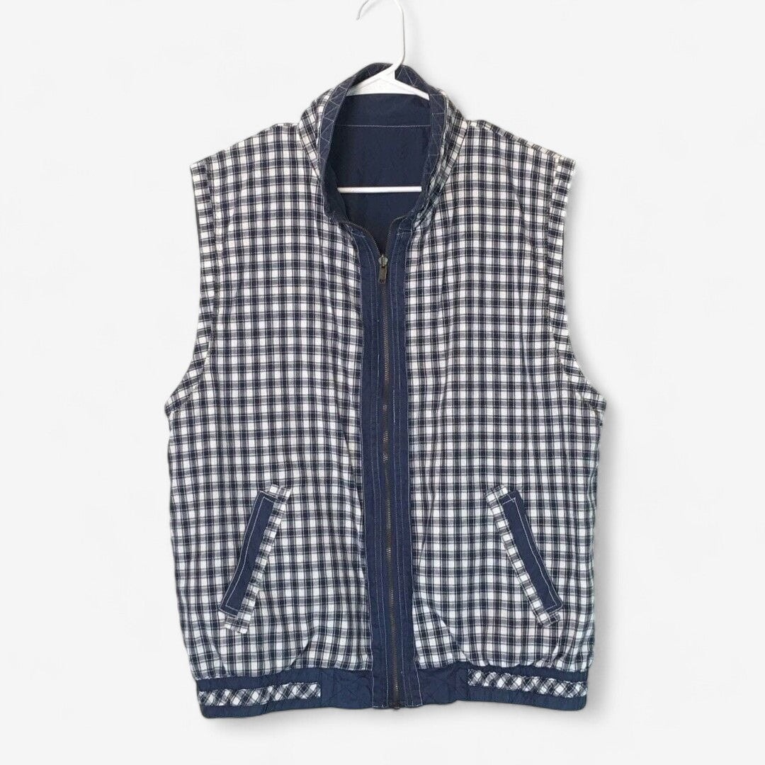 Mureli Women's Reversible Silk Vest - Blue and White Check - Size Large