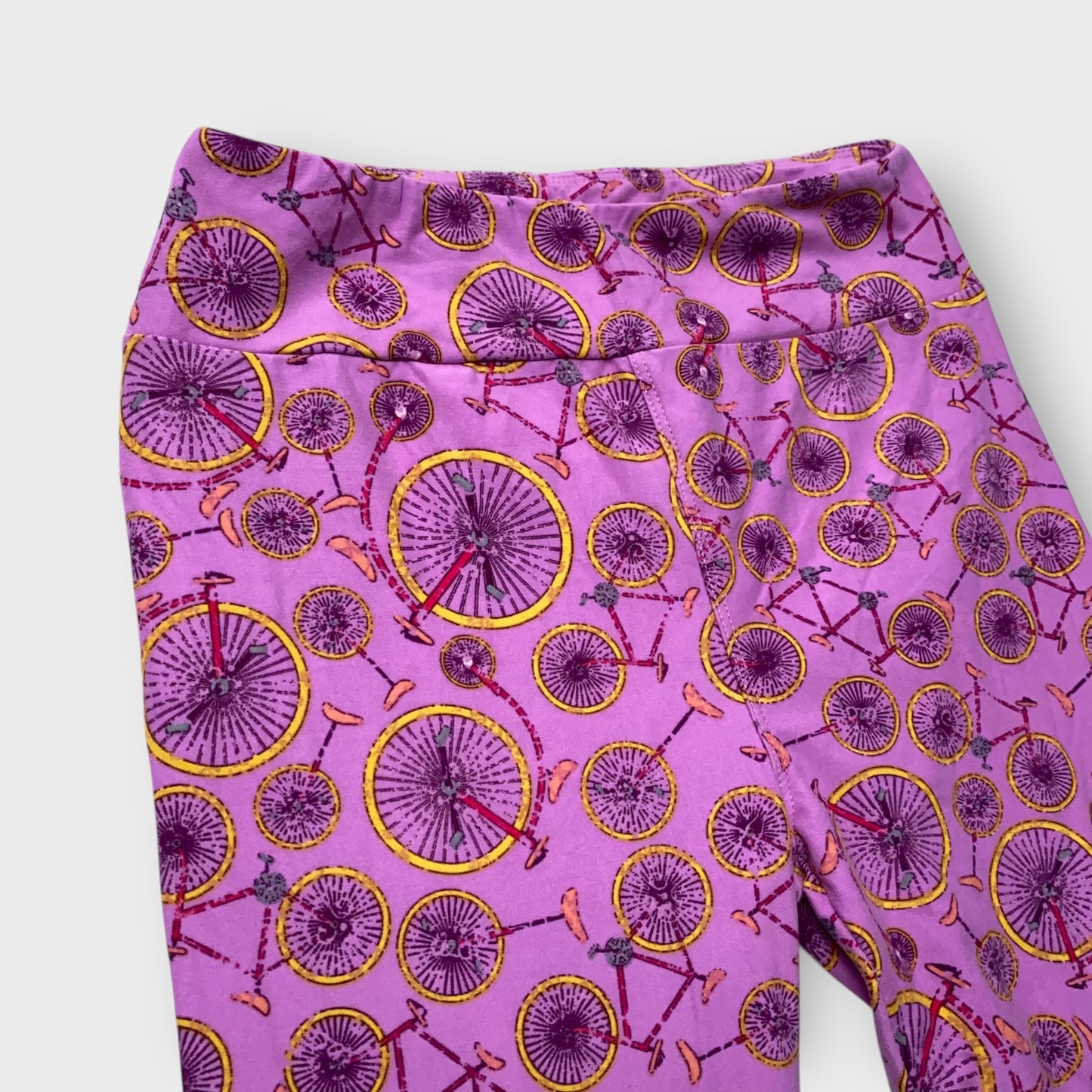 LuLaRoe Leggings OS (2-10) - Purple & Yellow Bicycle Wheel Print - Ultra Soft Stretch Fabric