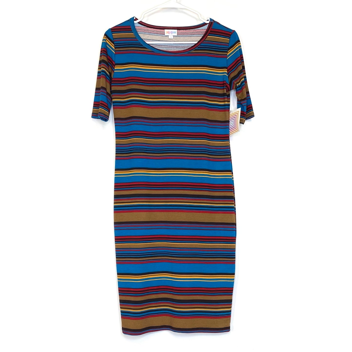 LuLaRoe Womens S Multicolor Regimented Stripes Julia Shift Dress Scoop Neck ½ Sleeves NWT