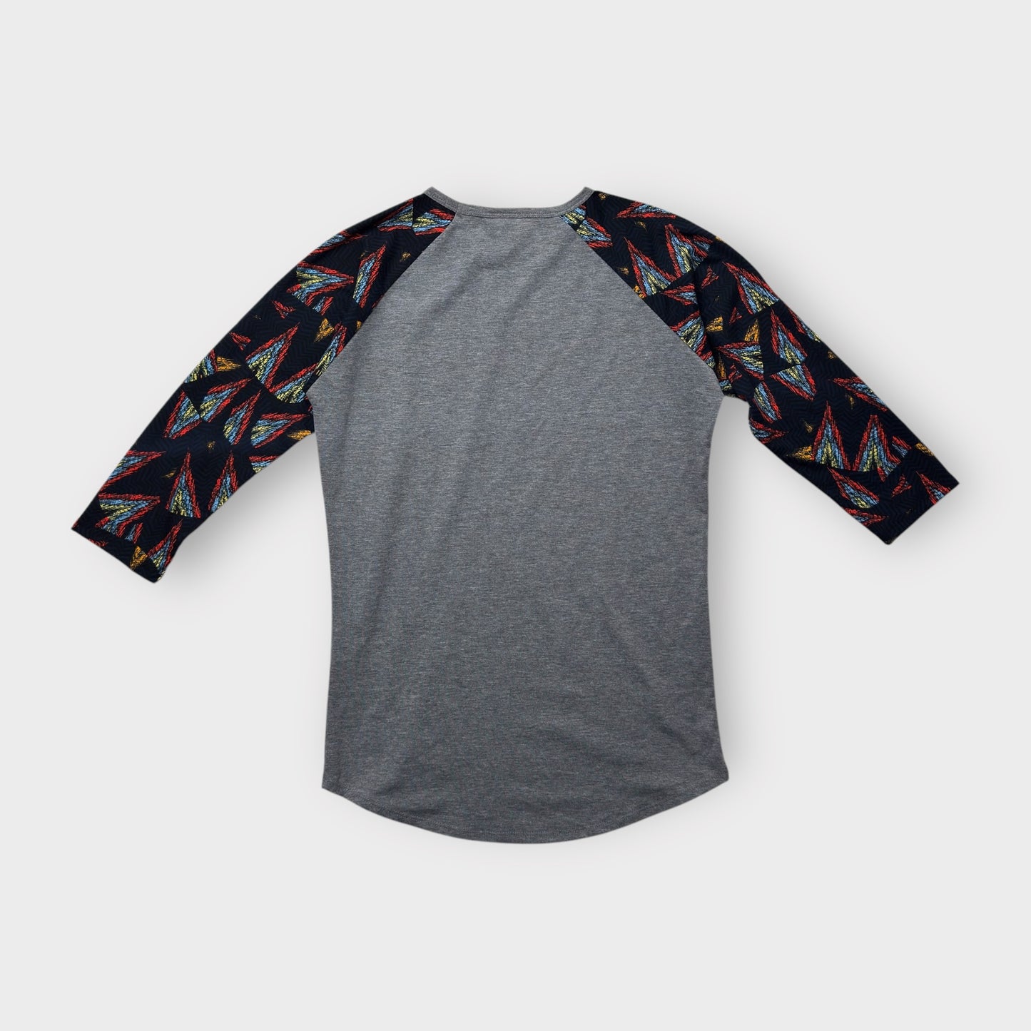 LuLaRoe Randy Tee XS (0-2) - Heather Gray with Black and Multicolor Abstract Print Sleeves - Soft Stretch Fabric