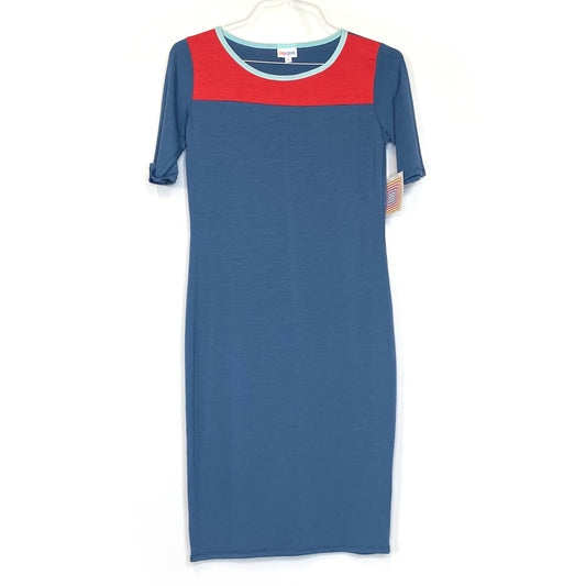 LuLaRoe Womens S Blue/Red Colorblock Julia Shift Dress Scoop Neck ½ Sleeves NWT