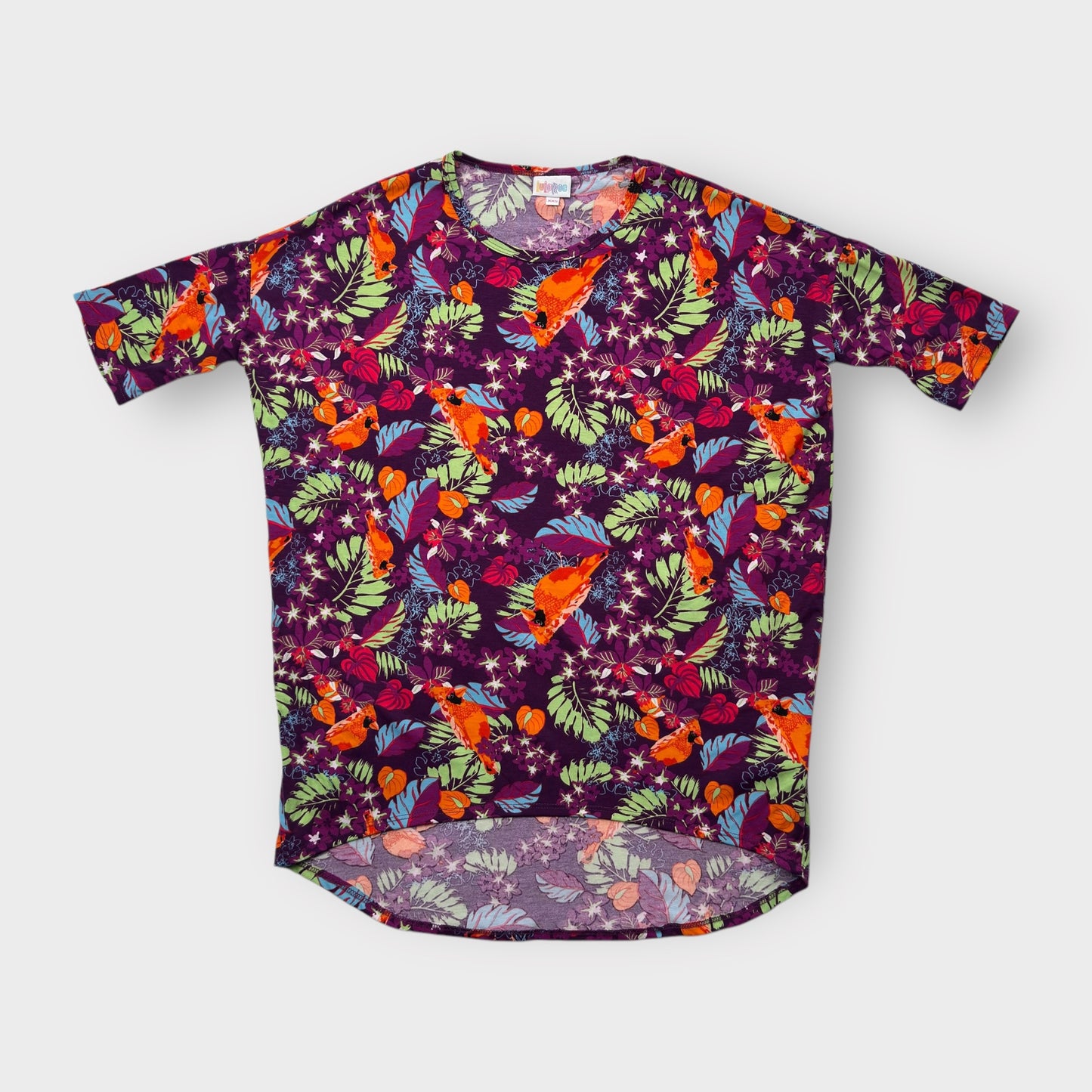 LuLaRoe Irma Tunic Top - Purple with Tropical Leaves & Orange Cardinal Bird Print - XXS (00) - Soft Stretch Polyester Spandex - High-Low Hem