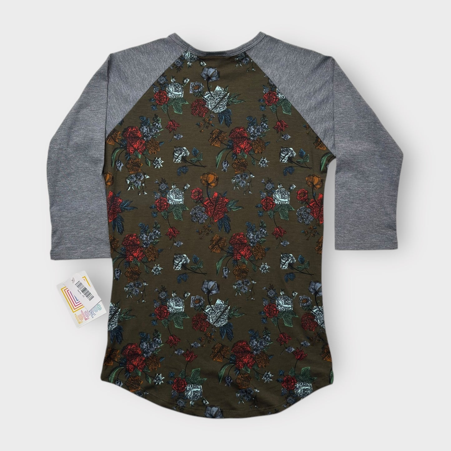 LuLaRoe Randy Baseball Tee XS (0-2) - Olive Green and Red Floral Print - Soft Stretch Fabric