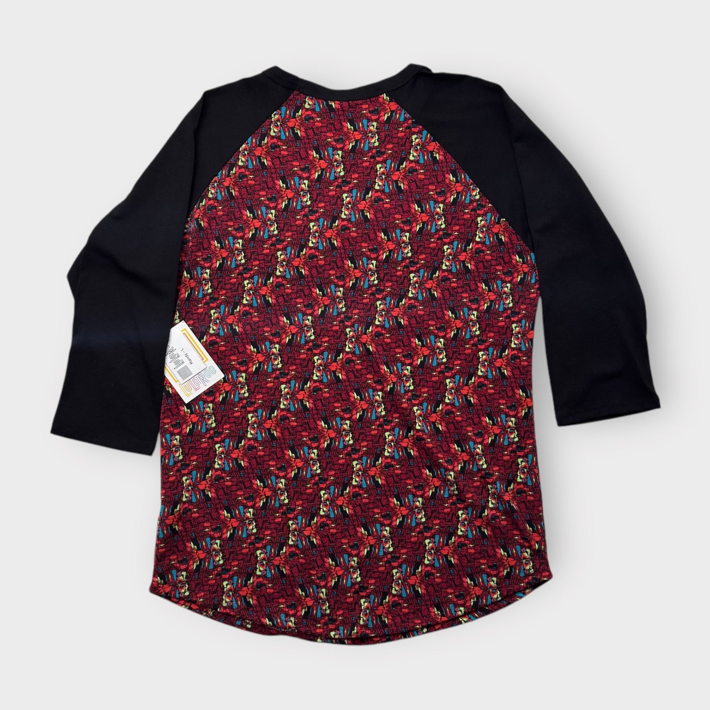 LuLaRoe Randy Baseball Tee L (12-14) - Red/Black Multicolor Abstract Geometric Print - Soft Stretch Fabric