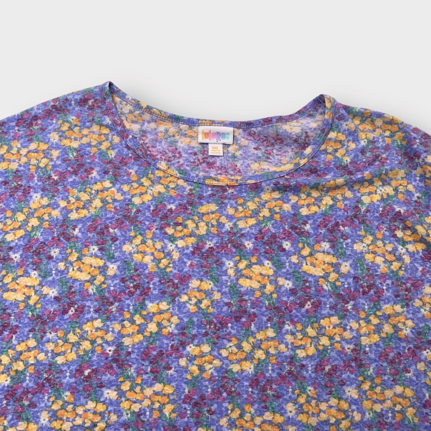 LuLaRoe Irma Tunic Top - Purple Yellow Floral - Women's 3XL (24-26) - High-Low Hem - Short Sleeve