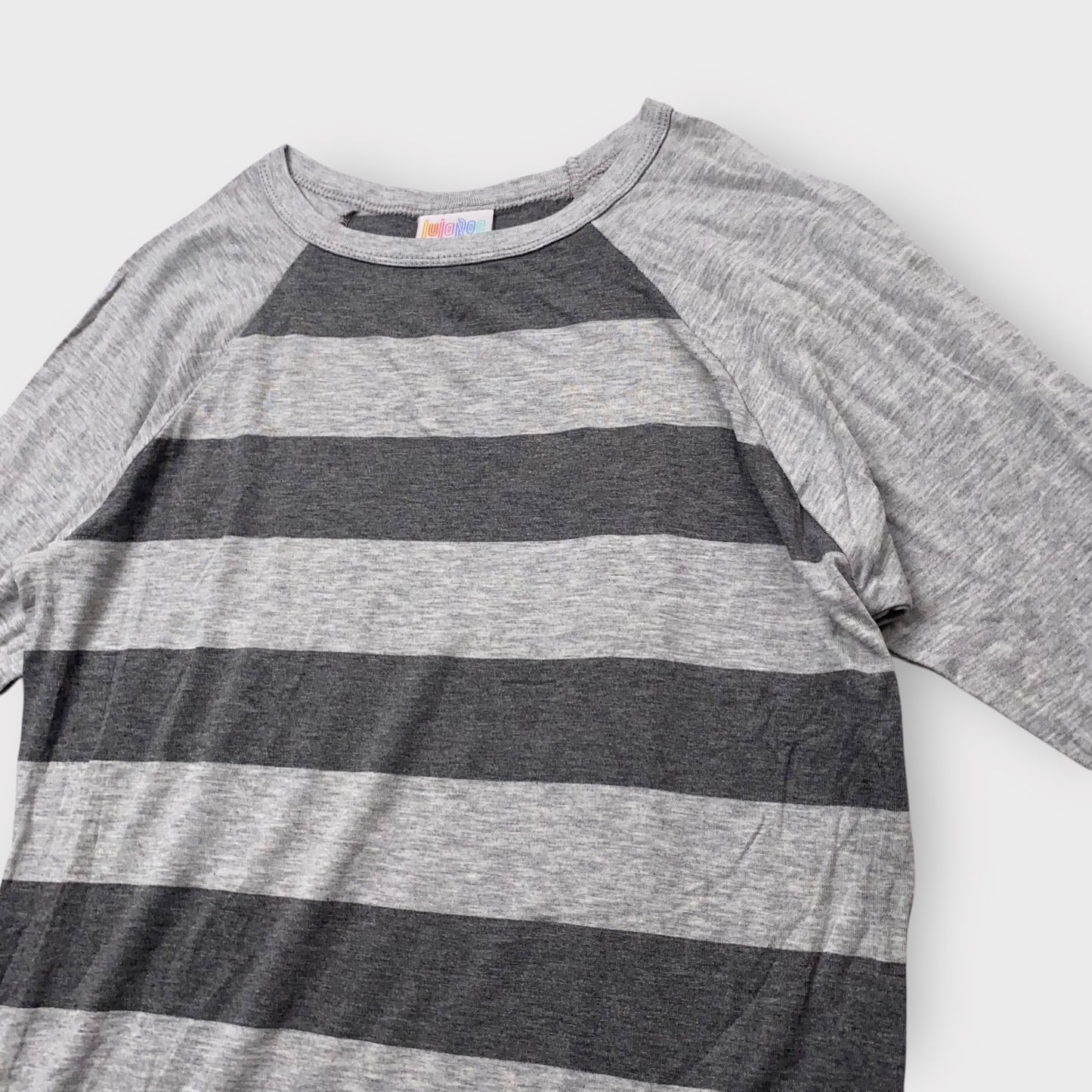 LuLaRoe Randy Tee XXS (00) - Gray and Black Striped Raglan - Soft Stretch Rayon Spandex Blend