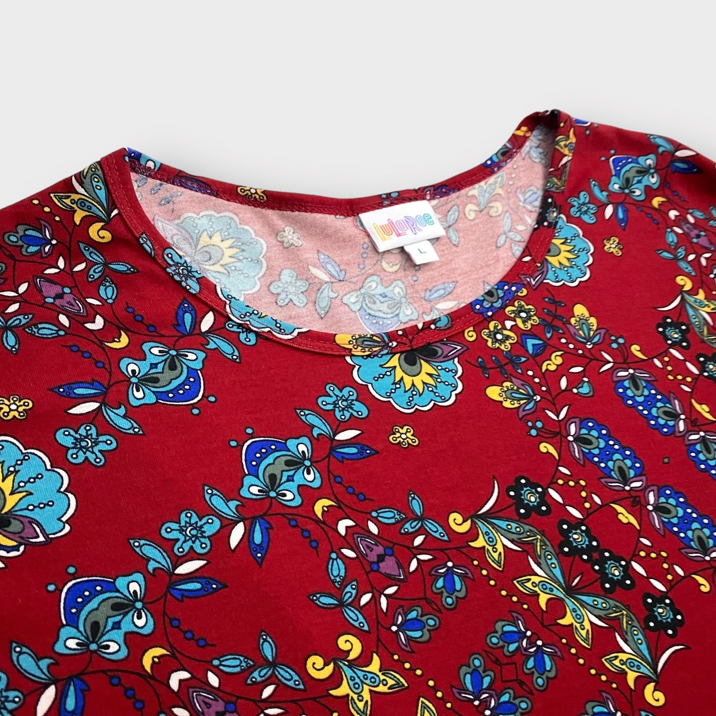 LuLaRoe Irma Tunic | L (14-16) | Red Floral/Ornate Print | High-Low S/s | NWT