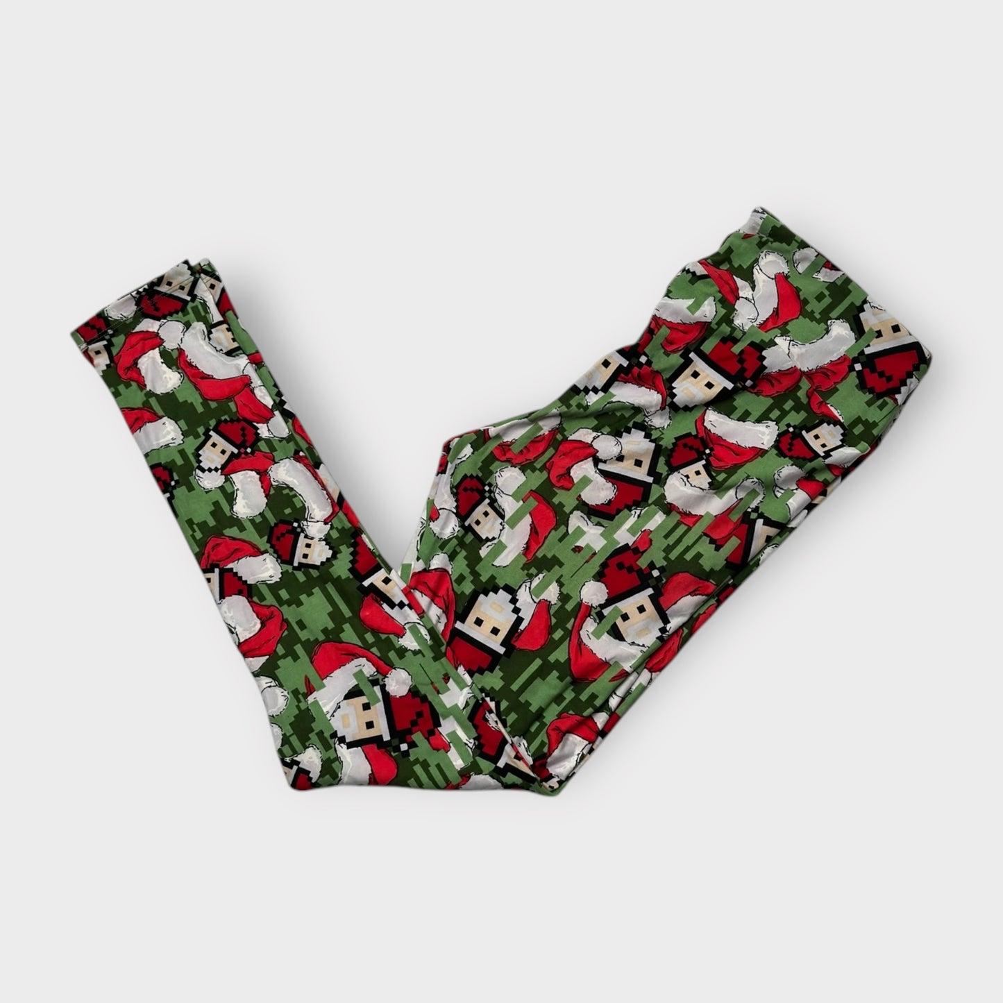 LuLaRoe Leggings TC (12-18) - Green, Red & White Pixelated Santa Print - Ultra Soft Stretch Fabric