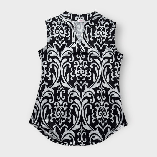 Elegant Halife Womens Floral V Neck Sleeveless Shirt - Size M, White/Black