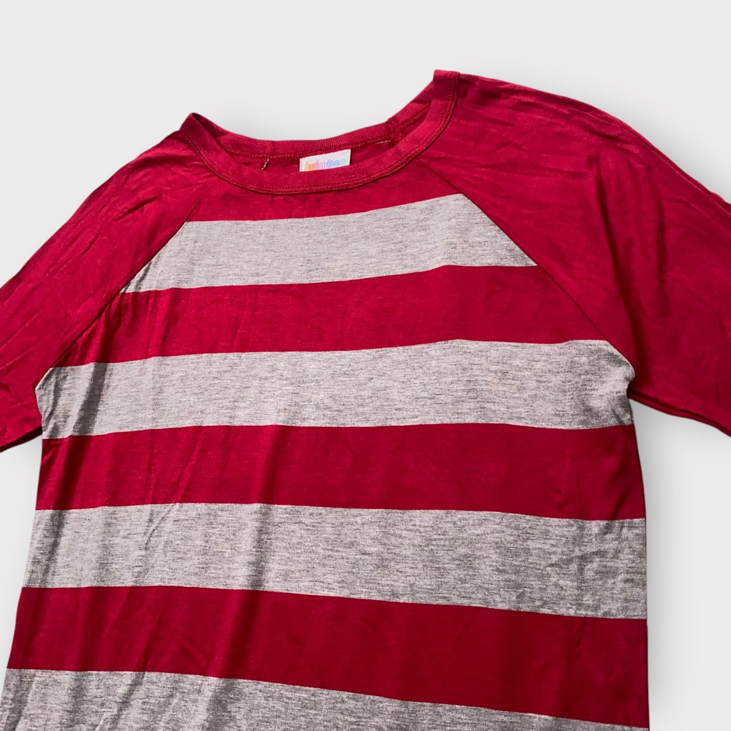 LuLaRoe Randy Tee XXS (00) - Burgundy and Gray Striped Raglan - Soft Stretch Rayon Spandex Blend