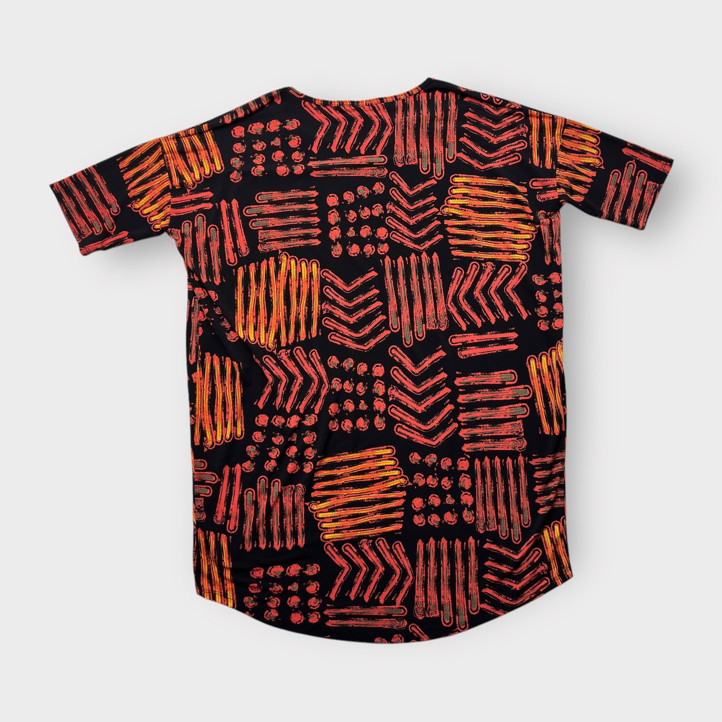 LuLaRoe Irma Tunic Top - Black/Orange Abstract Pattern - Women's S (4-6) - High-Low Hem - NWT