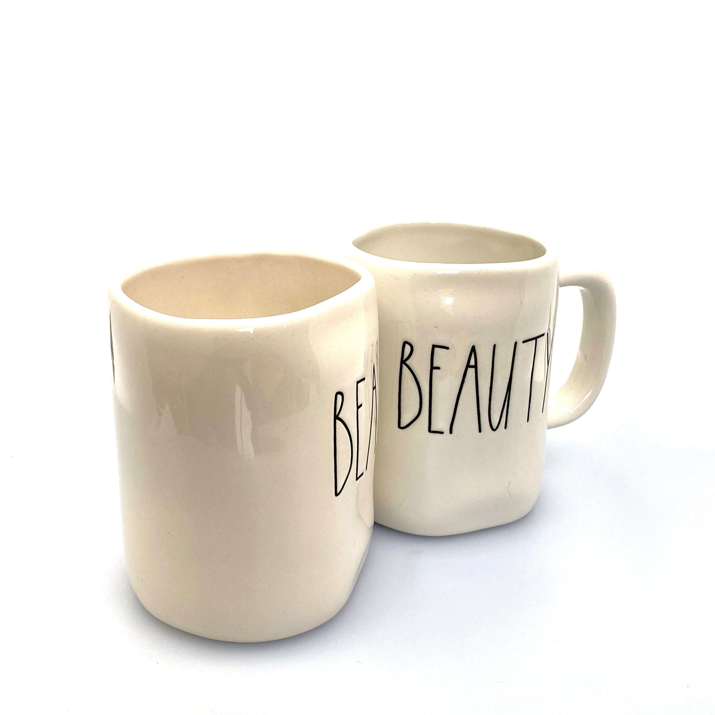 Pair of Rae Dunn ‘BEAUTY/BEAST’ Large Letters White Coffee Cup Mug By Magenta EUC