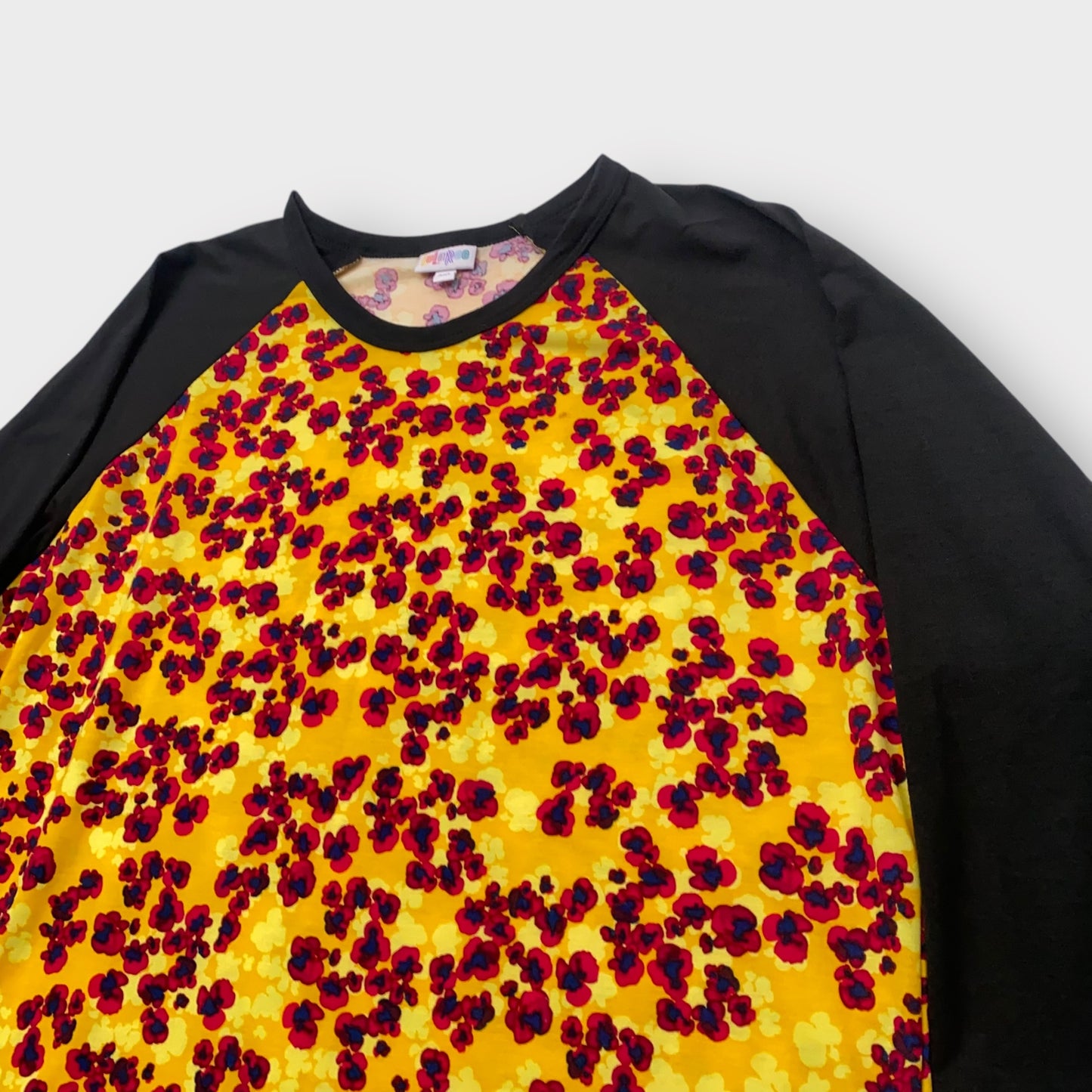 LuLaRoe Randy Baseball Tee 3XL (24-26) - Yellow/Red Floral Print with Black Sleeves - Soft Stretch Fabric