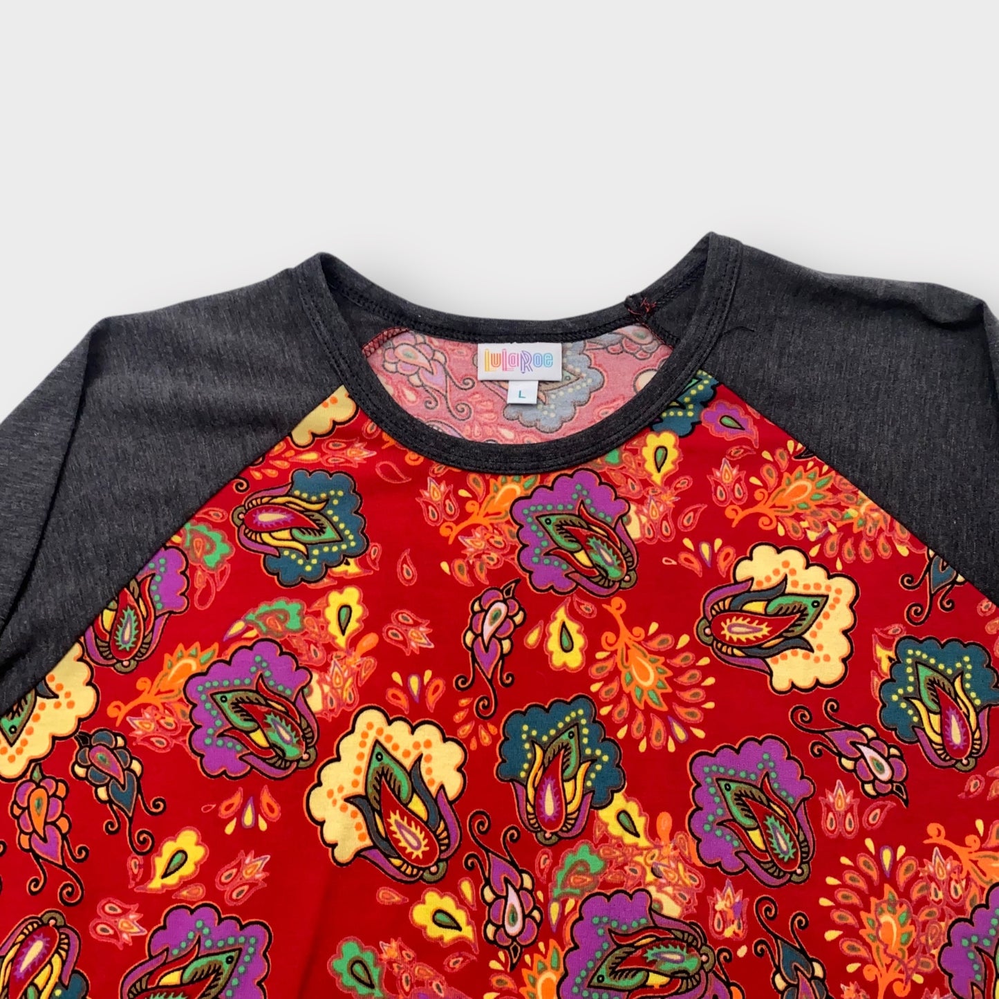 LuLaRoe Randy Baseball Tee L (12-14) - Red/Yellow Paisley Floral Print with Charcoal Gray Sleeves - Soft Stretch Fabric