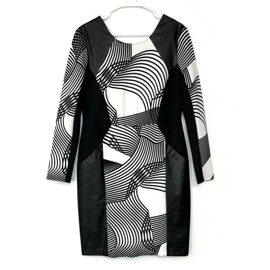 Cato | Womens L/s PU Leather Geometric Dress | Color: Black/White | Size: 12 | Pre-Owned