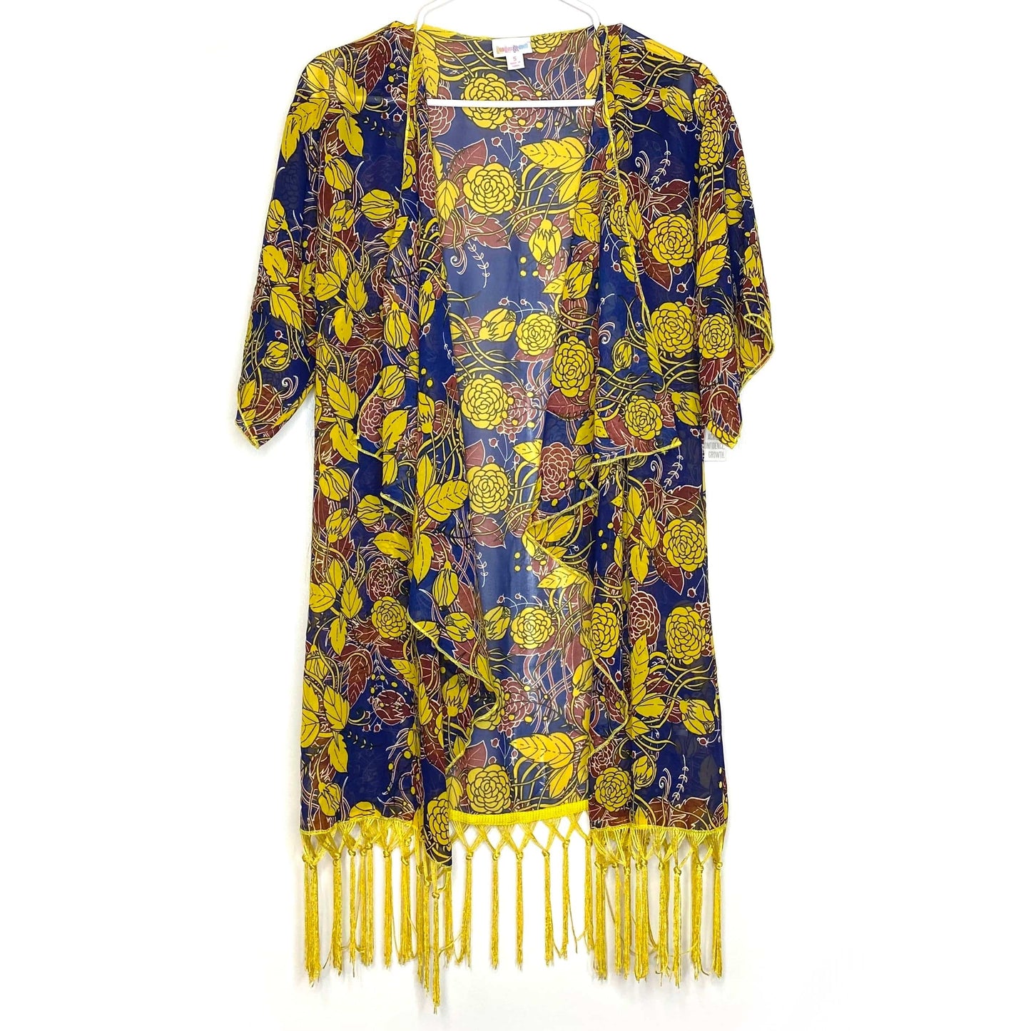 LuLaRoe Womens Size S (0-12) Blue/Yellow Floral ‘Monroe’ Kimono Fringe Cover-Up NWT